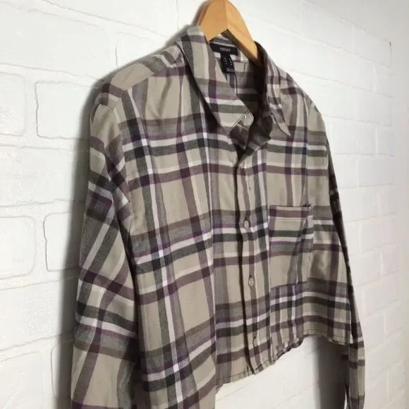 2/40$ FLANNEL plaid checkers Forever 21 oversize Crop blouse plaid beige neutral - Picture 2 of 9